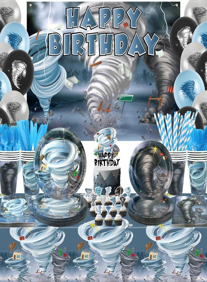 KEFAN Tornado Birthday Party Decorations, Tornado Theme Party Tableware Supplies including Backdrop, Plates, Cups, Napkins, Tablecloth, Balloons for Tornado Birthday Party, Serves 20 - Image 1
